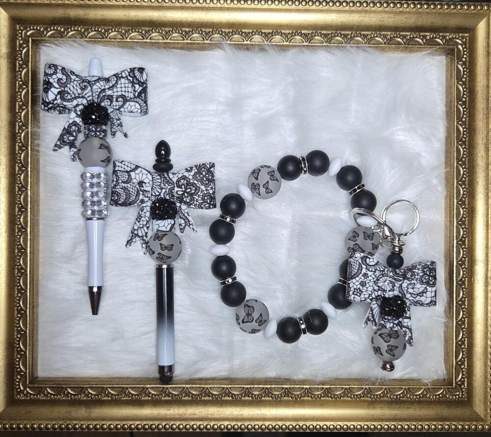 Beaded Pen, Stylus, Wristlet Keychain Set – Lace Bow Rhinestone Accessories